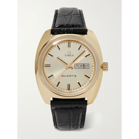 Timex Other - Timex Q 1975 Reissue Day-Date 38mm Gold Tone Croc-Effect Leather Watch